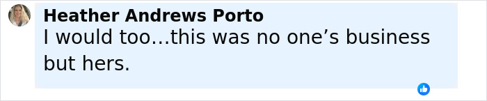 Comment by Heather Andrews Porto stating this was no one's business but hers, related to cheerleader dropping out after newborn found. Comment by Heather Andrews Porto stating this was no one's business but hers, related to cheerleader dropping out after newborn found.