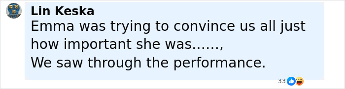 Comment by Lin Keska criticizing Emma Watson's behavior in a social media post related to J.K. Rowling controversy. Comment by Lin Keska criticizing Emma Watson's behavior in a social media post related to J.K. Rowling controversy.