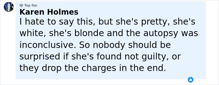 Facebook comment by Karen Holmes discussing autopsy findings and potential legal outcomes in case of newborn found in cheerleader's closet. Facebook comment by Karen Holmes discussing autopsy findings and potential legal outcomes in case of newborn found in cheerleader's closet.