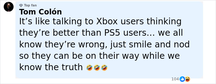 Comment mocking Xbox users vs PS5 users, illustrating rivalry and opinions, related to Samsung mocking new iPhone launch. Comment mocking Xbox users vs PS5 users, illustrating rivalry and opinions, related to Samsung mocking new iPhone launch.