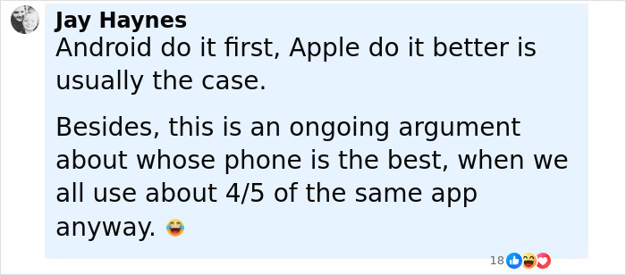 Screenshot of a social media comment discussing the ongoing rivalry between Samsung and Apple phones. Screenshot of a social media comment discussing the ongoing rivalry between Samsung and Apple phones.