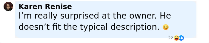 Comment by Karen Renise expressing surprise at the owner not fitting the typical description, reacting with a winking emoji. Comment by Karen Renise expressing surprise at the owner not fitting the typical description, reacting with a winking emoji.