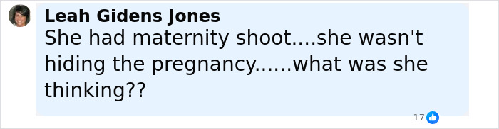 Comment from Leah Gidens Jones discussing a maternity shoot and questioning thoughts about hiding pregnancy in a social media post. Comment from Leah Gidens Jones discussing a maternity shoot and questioning thoughts about hiding pregnancy in a social media post.