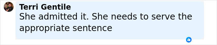 Facebook comment from Terri Gentile saying she admitted it and needs to serve an appropriate sentence about unhinged Amish mom case. Facebook comment from Terri Gentile saying she admitted it and needs to serve an appropriate sentence about unhinged Amish mom case.