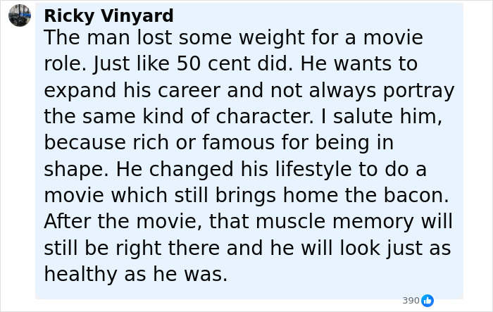 Comment from Ricky Vinyard defending Dwayne Johnson’s slim look, praising his healthy lifestyle and career choices. Comment from Ricky Vinyard defending Dwayne Johnson’s slim look, praising his healthy lifestyle and career choices.