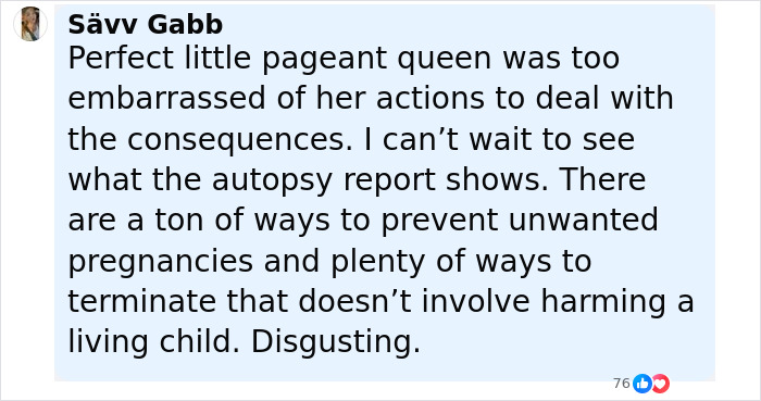 Comment by Sävv Gabb expressing disgust over a cheerleader arrested for allegedly hiding newborn’s body in closet. Comment by Sävv Gabb expressing disgust over a cheerleader arrested for allegedly hiding newborn’s body in closet.