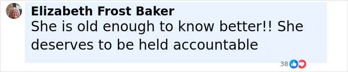 Comment from Elizabeth Frost Baker expressing that the cheerleader deserves to be held accountable for her actions. Comment from Elizabeth Frost Baker expressing that the cheerleader deserves to be held accountable for her actions.