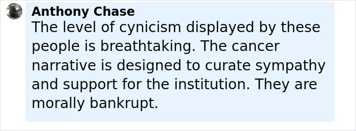 Comment by Anthony Chase expressing cynicism about the cancer narrative and its emotional impact on support and sympathy. Comment by Anthony Chase expressing cynicism about the cancer narrative and its emotional impact on support and sympathy.
