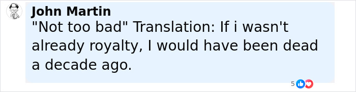 Screenshot of a social media comment humorously referencing King Charles and his emotional update on incurable cancer. Screenshot of a social media comment humorously referencing King Charles and his emotional update on incurable cancer.