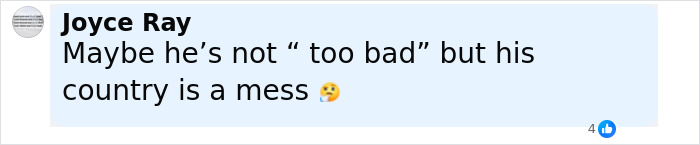 Comment by Joyce Ray saying maybe he's not too bad but his country is a mess, related to King Charles cancer update discussion. Comment by Joyce Ray saying maybe he's not too bad but his country is a mess, related to King Charles cancer update discussion.
