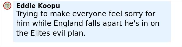 Comment by Eddie Koopu expressing skepticism about King Charles' cancer update amidst concerns about England's situation. Comment by Eddie Koopu expressing skepticism about King Charles' cancer update amidst concerns about England's situation.