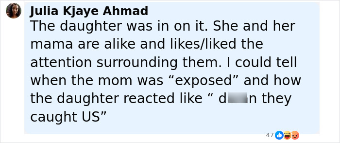 Comment by Julia Kjaye Ahmad discussing how the mom secretly tormented her daughter for over a year and the daughter's reaction. Comment by Julia Kjaye Ahmad discussing how the mom secretly tormented her daughter for over a year and the daughter's reaction.