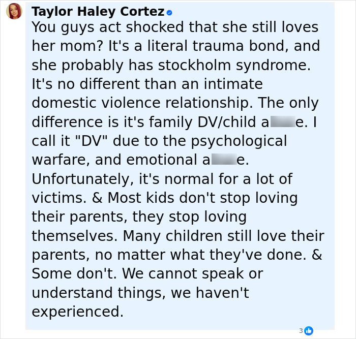 Text post by Taylor Haley Cortez explaining trauma bond and Stockholm syndrome in children secretly tormented by mom over time. Text post by Taylor Haley Cortez explaining trauma bond and Stockholm syndrome in children secretly tormented by mom over time.