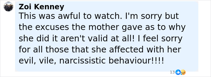 Comment on social media expressing sorrow over mother's narcissistic behavior secretly tormenting daughter for over a year. Comment on social media expressing sorrow over mother's narcissistic behavior secretly tormenting daughter for over a year.