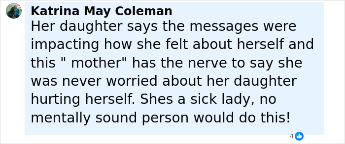 Comment from Katrina May Coleman describing how a mother secretly tormented her daughter with harmful messages. Comment from Katrina May Coleman describing how a mother secretly tormented her daughter with harmful messages.