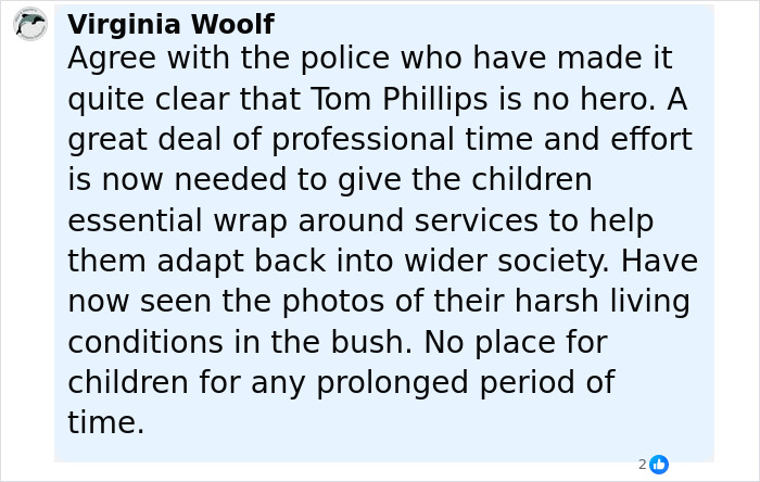 Comment from Virginia Woolf discussing harsh living conditions of kids who vanished into the wilderness and photos of their campsite. Comment from Virginia Woolf discussing harsh living conditions of kids who vanished into the wilderness and photos of their campsite.