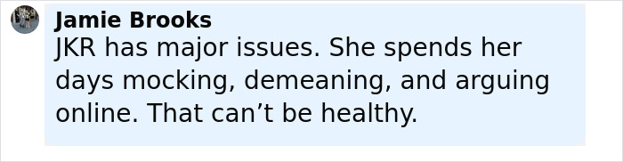Comment from Jamie Brooks criticizing J.K. Rowling's online behavior amid Emma Watson response controversy. Comment from Jamie Brooks criticizing J.K. Rowling's online behavior amid Emma Watson response controversy.