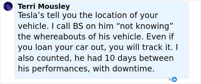 Comment about Tesla location tracking and vehicle use during singer's downtime after decomposing body found in abandoned Tesla. Comment about Tesla location tracking and vehicle use during singer's downtime after decomposing body found in abandoned Tesla.