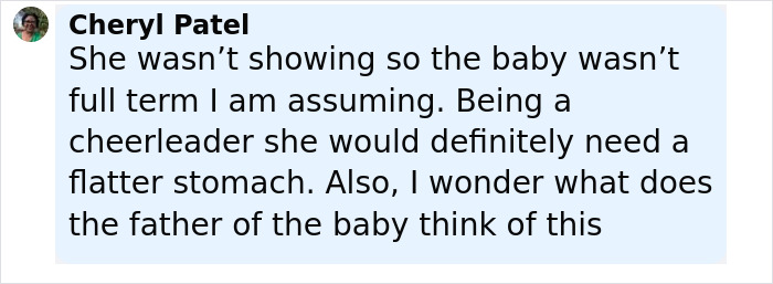 Comment by Cheryl Patel discussing assumptions about a cheerleader and the father’s thoughts on newborn autopsy findings. Comment by Cheryl Patel discussing assumptions about a cheerleader and the father’s thoughts on newborn autopsy findings.