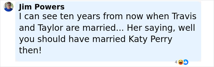 Comment from Jim Powers speculating about Travis Kelce and Taylor Swift’s marriage in a ‘Kiss, Marry, Kill’ video discussion. Comment from Jim Powers speculating about Travis Kelce and Taylor Swift’s marriage in a ‘Kiss, Marry, Kill’ video discussion.