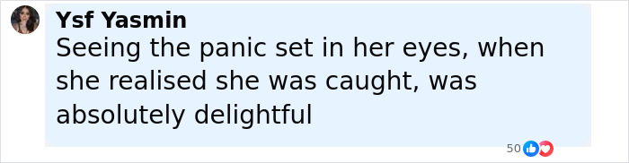 Comment by Ysf Yasmin describing panic in her eyes after being caught secretly bullying their daughter. Comment by Ysf Yasmin describing panic in her eyes after being caught secretly bullying their daughter.