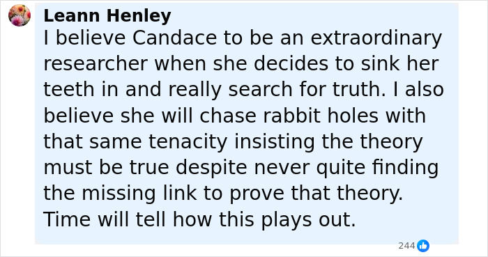 Comment from Leann Henley discussing Candace Owens' persistence in searching for the truth about Charlie Kirk. Comment from Leann Henley discussing Candace Owens' persistence in searching for the truth about Charlie Kirk.