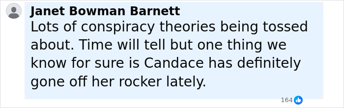 Comment by Janet Bowman Barnett discussing conspiracy theories and Candace Owens' recent behavior regarding Charlie Kirk. Comment by Janet Bowman Barnett discussing conspiracy theories and Candace Owens' recent behavior regarding Charlie Kirk.