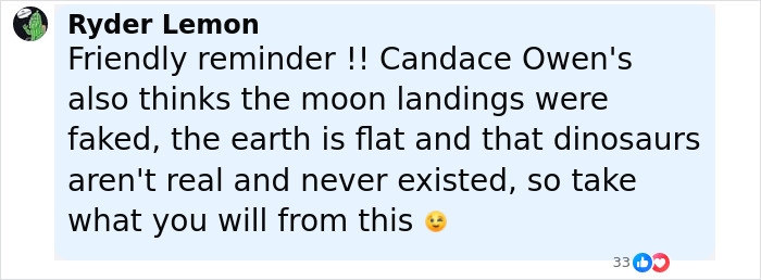 Social media comment discussing Candace Owens' beliefs and reactions about what happened to Charlie Kirk. Social media comment discussing Candace Owens' beliefs and reactions about what happened to Charlie Kirk.