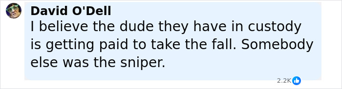 Comment claiming someone in custody is a fall guy, discussing Charlie Kirk situation and public reactions online. Comment claiming someone in custody is a fall guy, discussing Charlie Kirk situation and public reactions online.