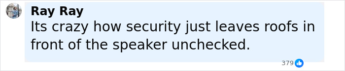 Facebook comment by Ray Ray reacting to security concerns during a speech about Charlie Kirk incident. Facebook comment by Ray Ray reacting to security concerns during a speech about Charlie Kirk incident.