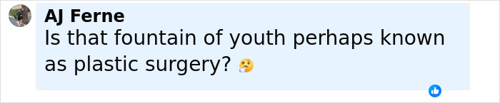 Comment discussing plastic surgery rumors, questioning if youthful appearance is due to plastic surgery or natural youth. Comment discussing plastic surgery rumors, questioning if youthful appearance is due to plastic surgery or natural youth.