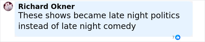 Comment by Richard Okner criticizing late night shows shifting focus from comedy to politics in a discussion on Jay Leno reacting to Jimmy Kimmel suspension. Comment by Richard Okner criticizing late night shows shifting focus from comedy to politics in a discussion on Jay Leno reacting to Jimmy Kimmel suspension.