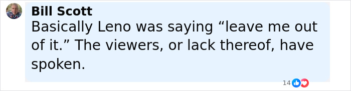Comment from Bill Scott discussing Jay Leno’s reaction related to Jimmy Kimmel’s suspension and offensive Charlie Kirk remarks. Comment from Bill Scott discussing Jay Leno’s reaction related to Jimmy Kimmel’s suspension and offensive Charlie Kirk remarks.