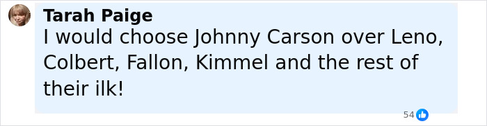 Comment by Tarah Paige discussing late-night hosts including Jay Leno and Jimmy Kimmel amid controversy and suspension. Comment by Tarah Paige discussing late-night hosts including Jay Leno and Jimmy Kimmel amid controversy and suspension.