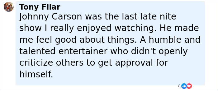 Comment section screenshot showing user discussing Johnny Carson with mention of Jay Leno reacting to Jimmy Kimmel suspension. Comment section screenshot showing user discussing Johnny Carson with mention of Jay Leno reacting to Jimmy Kimmel suspension.