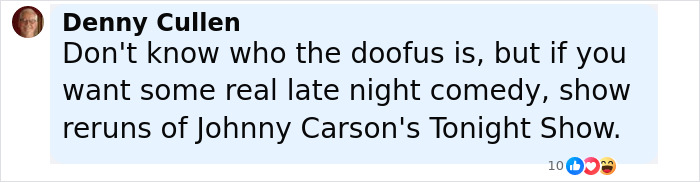 Screenshot of a social media comment reacting to Jimmy Kimmel's suspension and Jay Leno's response. Screenshot of a social media comment reacting to Jimmy Kimmel's suspension and Jay Leno's response.