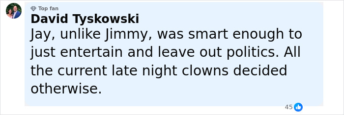 Comment by David Tyskowski discussing Jay Leno's approach compared to Jimmy Kimmel amid suspension controversy. Comment by David Tyskowski discussing Jay Leno's approach compared to Jimmy Kimmel amid suspension controversy.