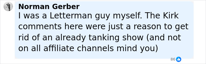 Comment from Norman Gerber discussing Jimmy Kimmel suspension and offensive Charlie Kirk remarks in a social media post. Comment from Norman Gerber discussing Jimmy Kimmel suspension and offensive Charlie Kirk remarks in a social media post.