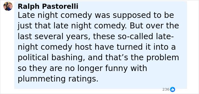 Text comment on blue background discussing late night comedy and political bashing, related to Jay Leno and Jimmy Kimmel suspension. Text comment on blue background discussing late night comedy and political bashing, related to Jay Leno and Jimmy Kimmel suspension.