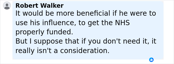 Comment by Robert Walker discussing the NHS funding and the use of influence in healthcare support. Comment by Robert Walker discussing the NHS funding and the use of influence in healthcare support.