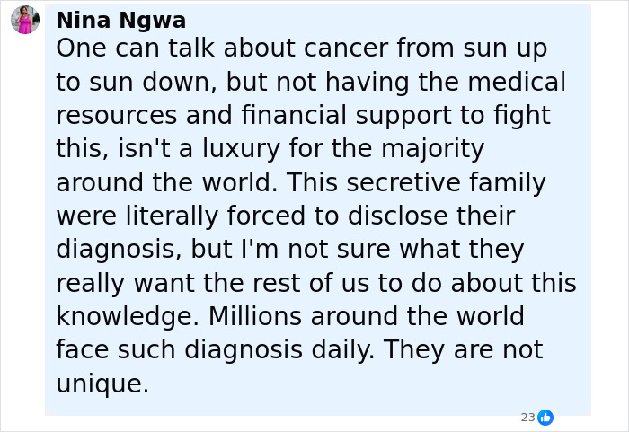 Comment discussing cancer awareness and the challenges of medical and financial support in fighting incurable cancer. Comment discussing cancer awareness and the challenges of medical and financial support in fighting incurable cancer.