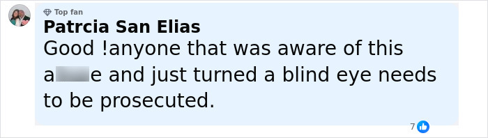 Comment by Patrcia San Elias expressing that anyone aware of the case and ignoring it should be prosecuted. Comment by Patrcia San Elias expressing that anyone aware of the case and ignoring it should be prosecuted.