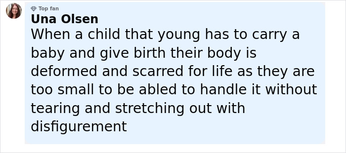 Comment from user Una Olsen discussing the physical trauma an 11-year-old girl faces giving birth, related to grandma arrest case. Comment from user Una Olsen discussing the physical trauma an 11-year-old girl faces giving birth, related to grandma arrest case.