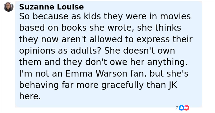 Comment by Suzanne Louise criticizing J.K. Rowling’s harsh response to Emma Watson, highlighting their dispute online. Comment by Suzanne Louise criticizing J.K. Rowling’s harsh response to Emma Watson, highlighting their dispute online.