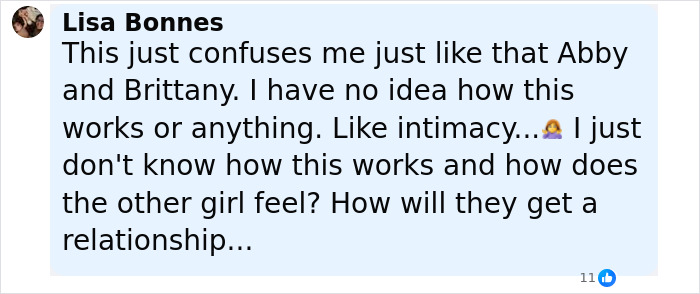 Screenshot of a social media comment expressing confusion over intimacy in conjoined twin Carmen Andrade’s relationship with her husband. Screenshot of a social media comment expressing confusion over intimacy in conjoined twin Carmen Andrade’s relationship with her husband.