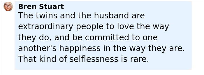 Comment text discussing the love and commitment of conjoined twins Abby and Brittany and their husband. Comment text discussing the love and commitment of conjoined twins Abby and Brittany and their husband.