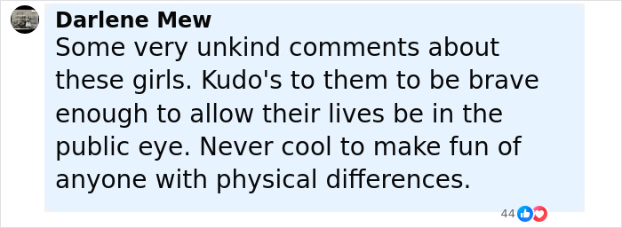Comment from Darlene Mew addressing unkind remarks about conjoined twins Abby and Brittany and their public life courage. Comment from Darlene Mew addressing unkind remarks about conjoined twins Abby and Brittany and their public life courage.