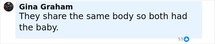 Comment text on social media explaining shared body of conjoined twins and having a baby, expert discussing motherhood. Comment text on social media explaining shared body of conjoined twins and having a baby, expert discussing motherhood.