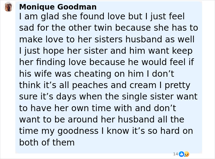Comment discussing the complex relationship dynamics of conjoined twins Abby and Brittany involving love and family. Comment discussing the complex relationship dynamics of conjoined twins Abby and Brittany involving love and family.