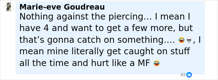 Text message discussing personal experience with piercings, referencing pain and catching on objects. Text message discussing personal experience with piercings, referencing pain and catching on objects.